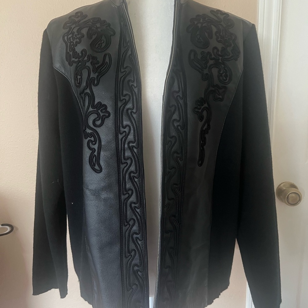 Coldwater Creek Black Leather Jacket with Embroidered Detailing
